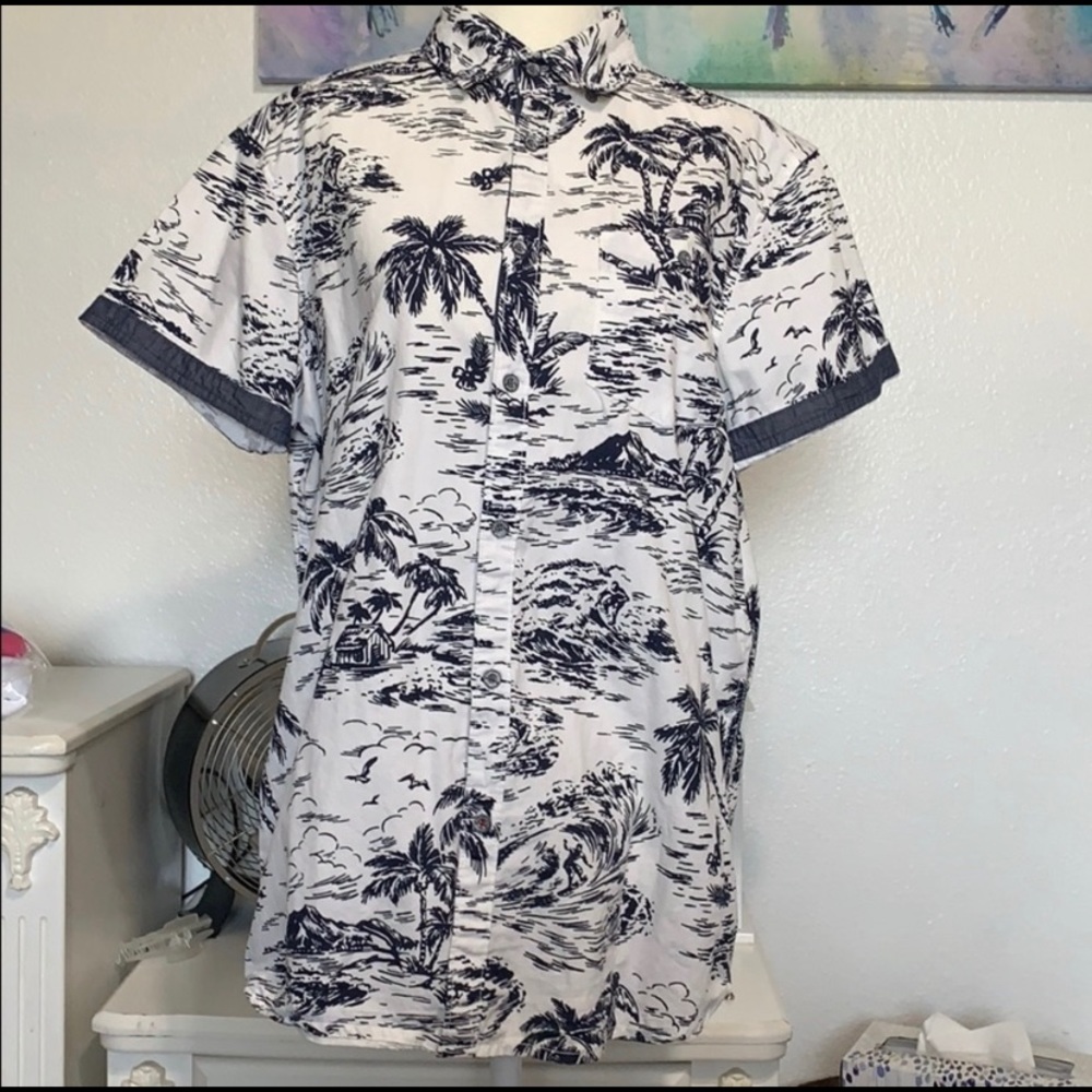 Navy Blue and White Hawaiian Button Up